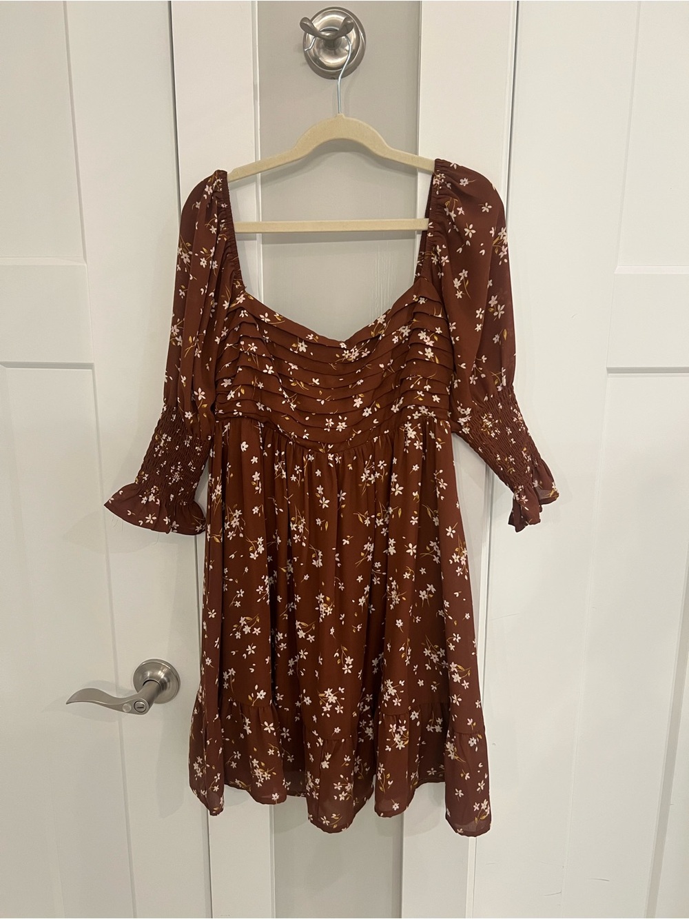 Blue Rain Brown Floral Puff-Sleeve Dress